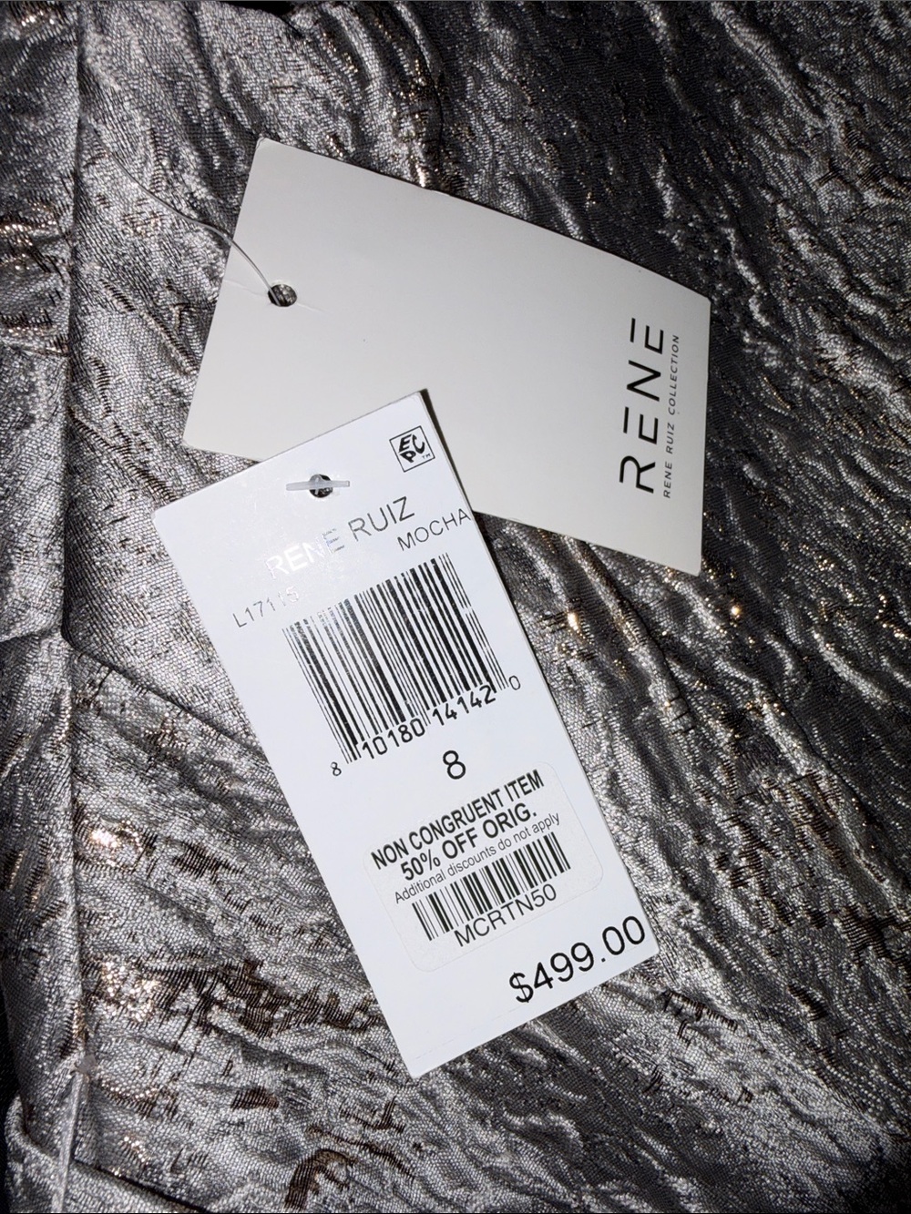NWT Rene Ruiz One-Shoulder Silver Metallic Evening Gown with Waist Tie - Picture 7 of 7